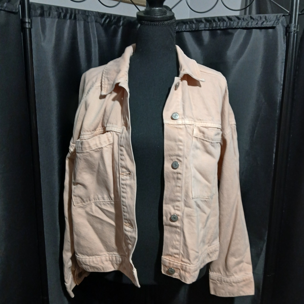 Old Navy Blush Pink Denim Trucker Jacket Butoon With Pockets Women's XL - Picture 6 of 8